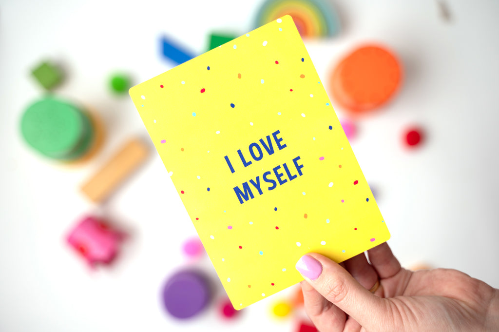 affirmation cards for children, a yellow card saying i love myself