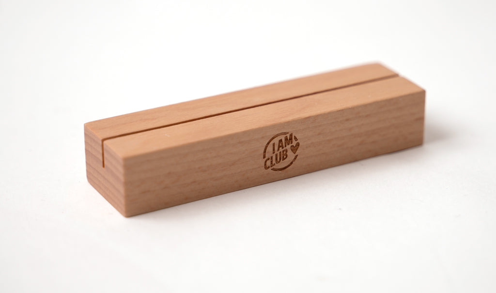 a picture of a wooden stand for affirmations cards for children on a white back ground.