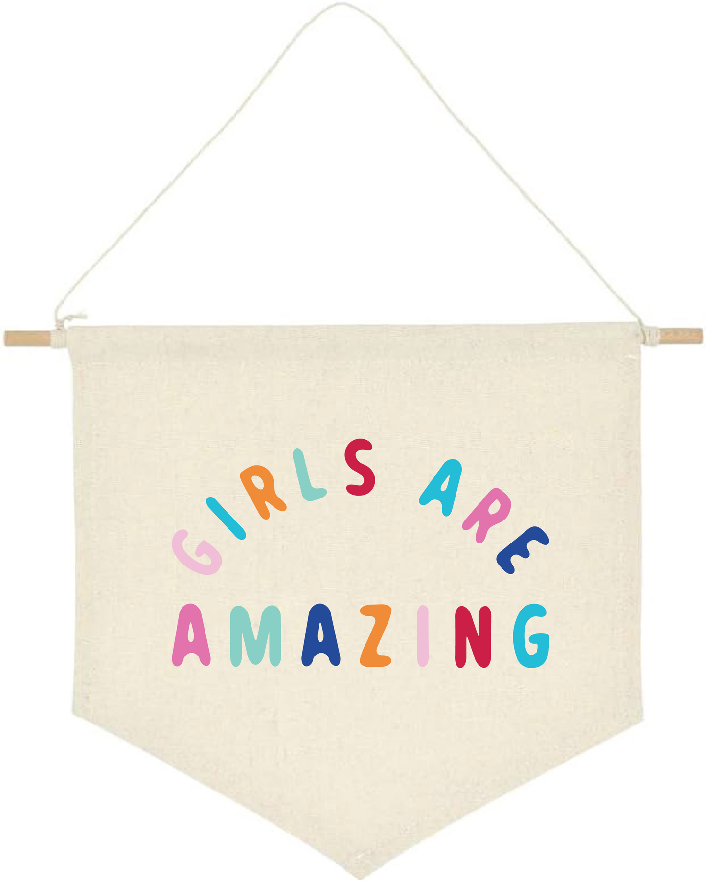 girls are amazing pennant flag, a beige background with multi coloured text