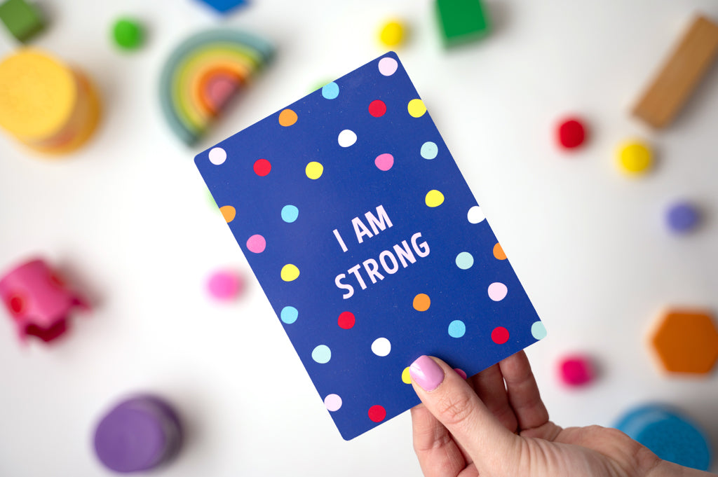 blue with spotted pattern, i am strong affirmation card for children