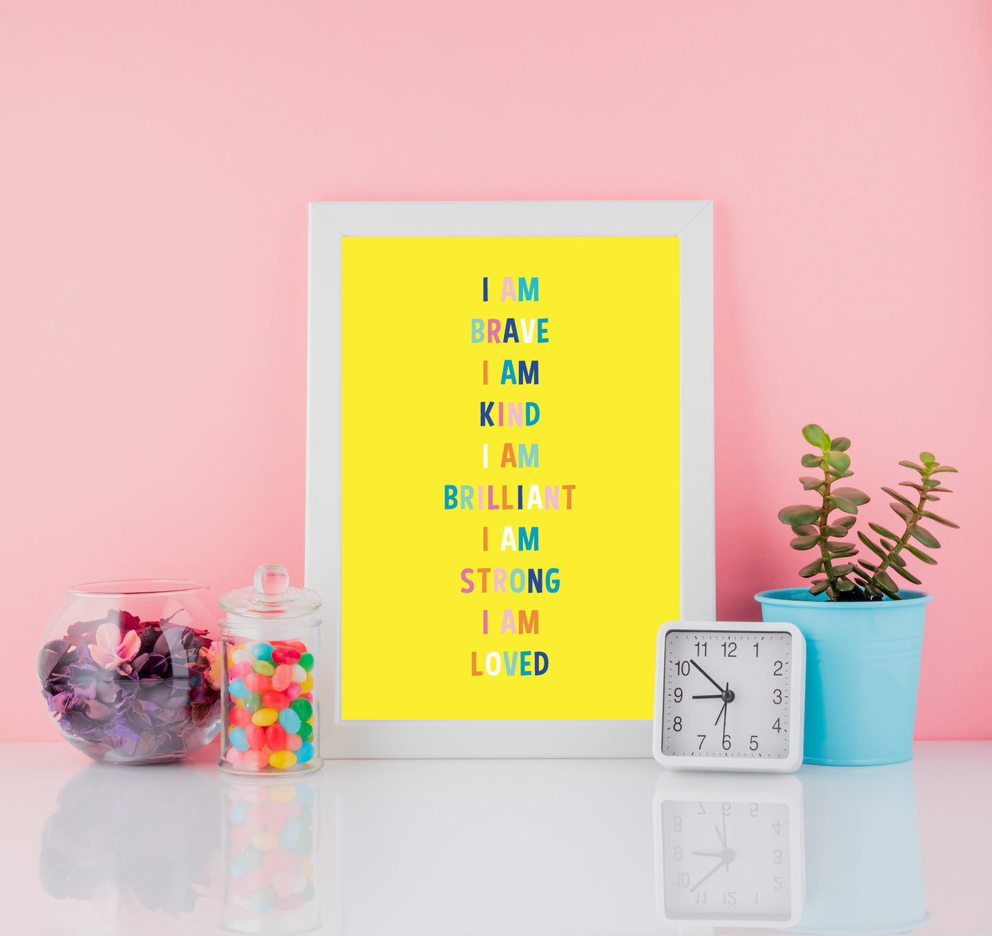 yellow affirmation coloured writing mock up with white frame
