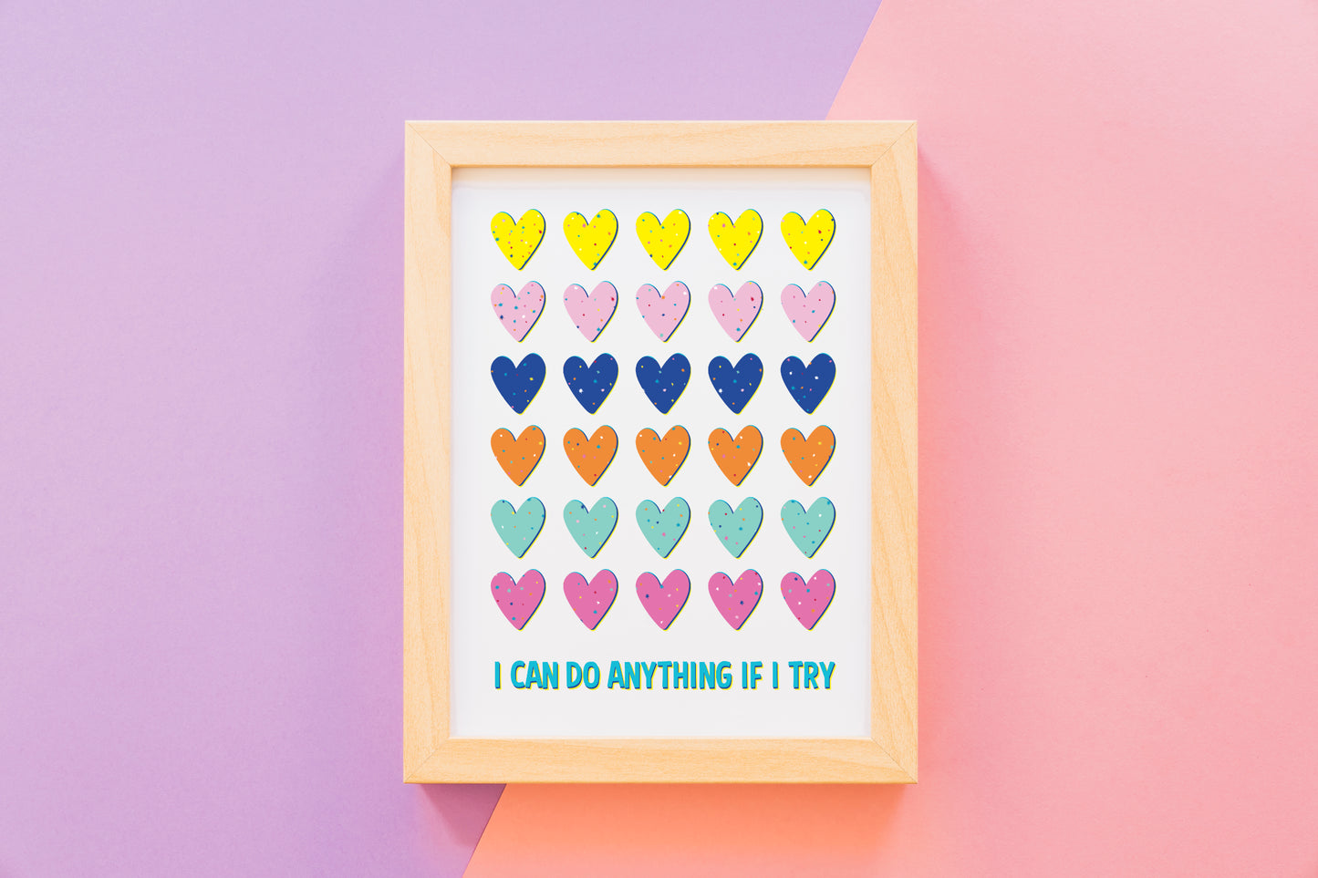 i can do anything mock up with wooden frame and pink and purple background