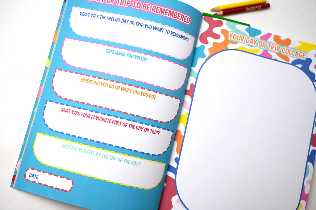 this is me journal open with the trip to be remembered page, lay flat with some colouring pencils.