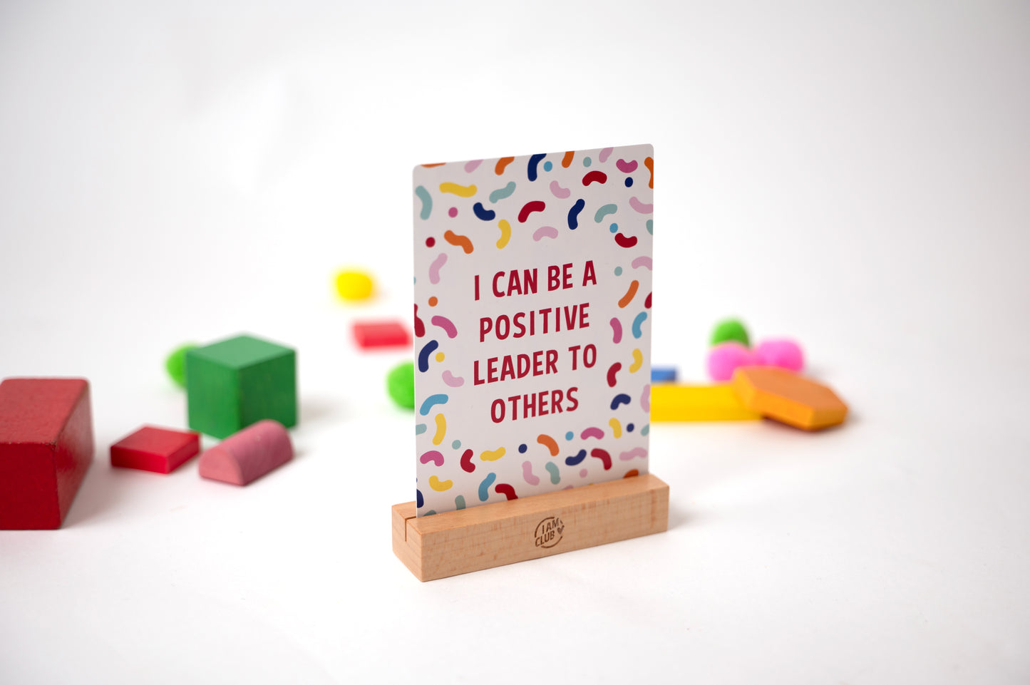 i can be a positive leader to others affirmation card for children in a wooden stand