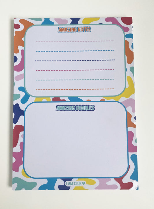 Amazing notepad, a notepad that has space for children to write their notes and fun thoughts and an area for fun doodles.