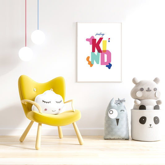Feeling kind mock up children's affirmation posters in a childrens room setting