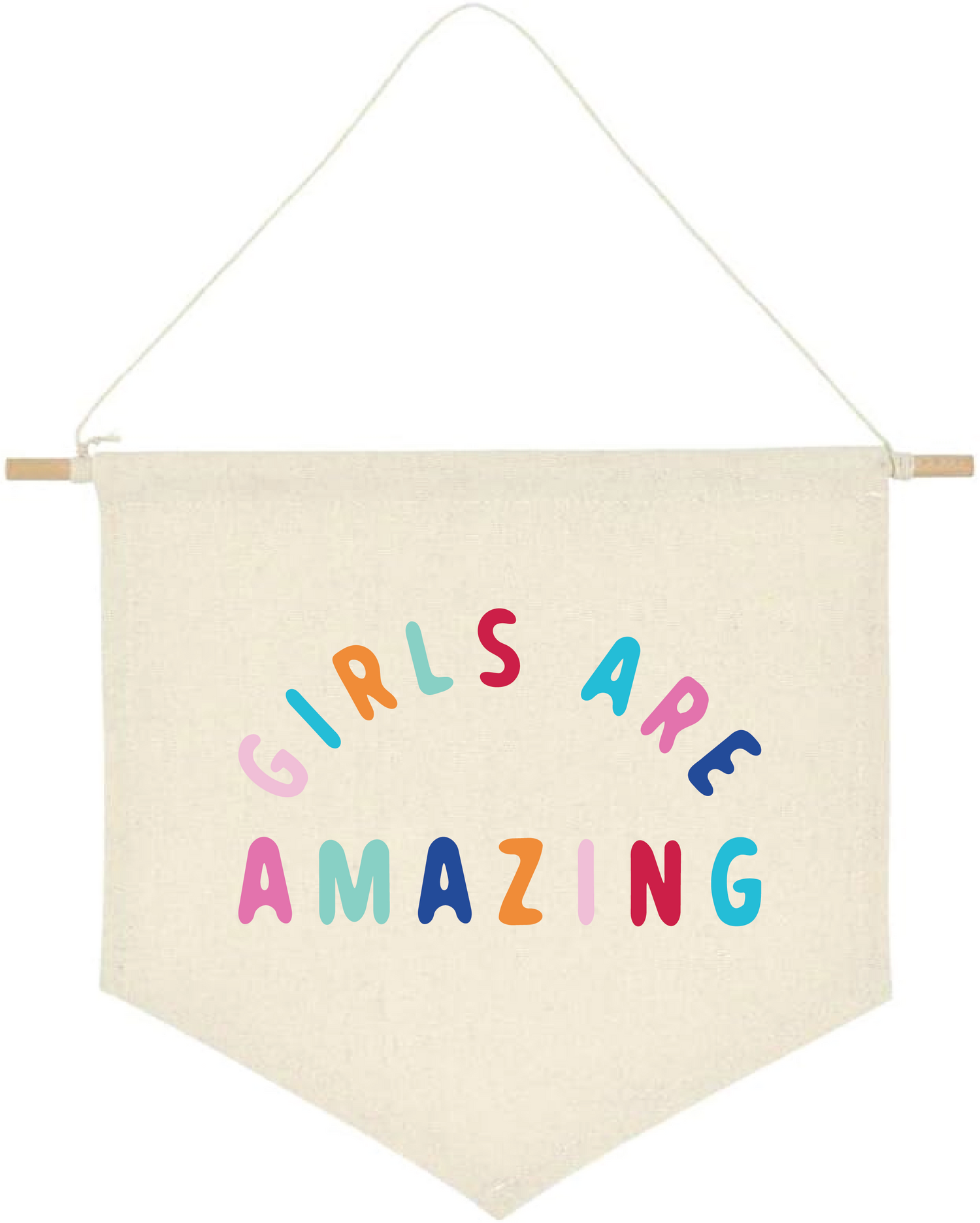 girls are amazing pennant flag, a beige background with multi coloured text