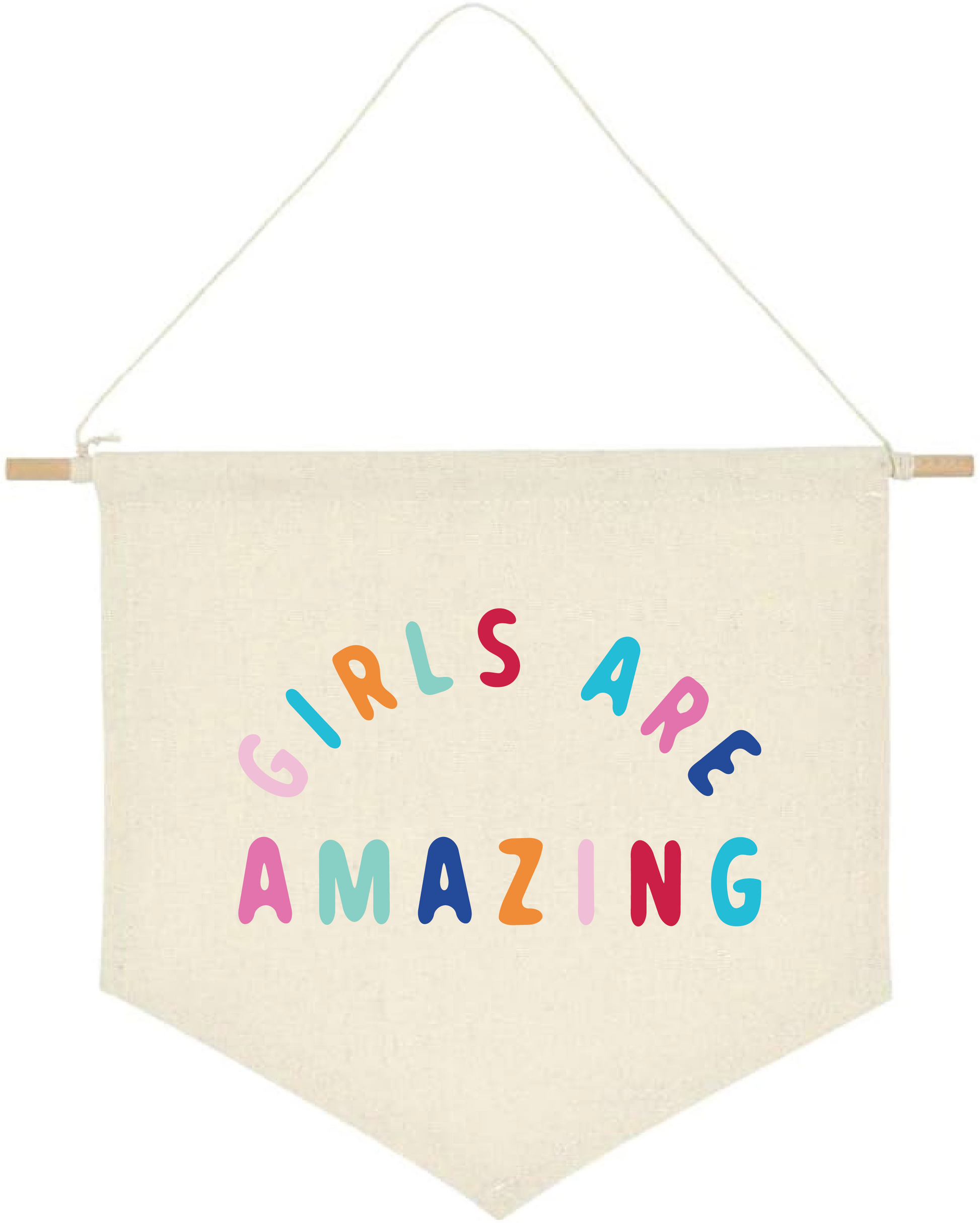 girls are amazing pennant flag, a beige background with multi coloured text
