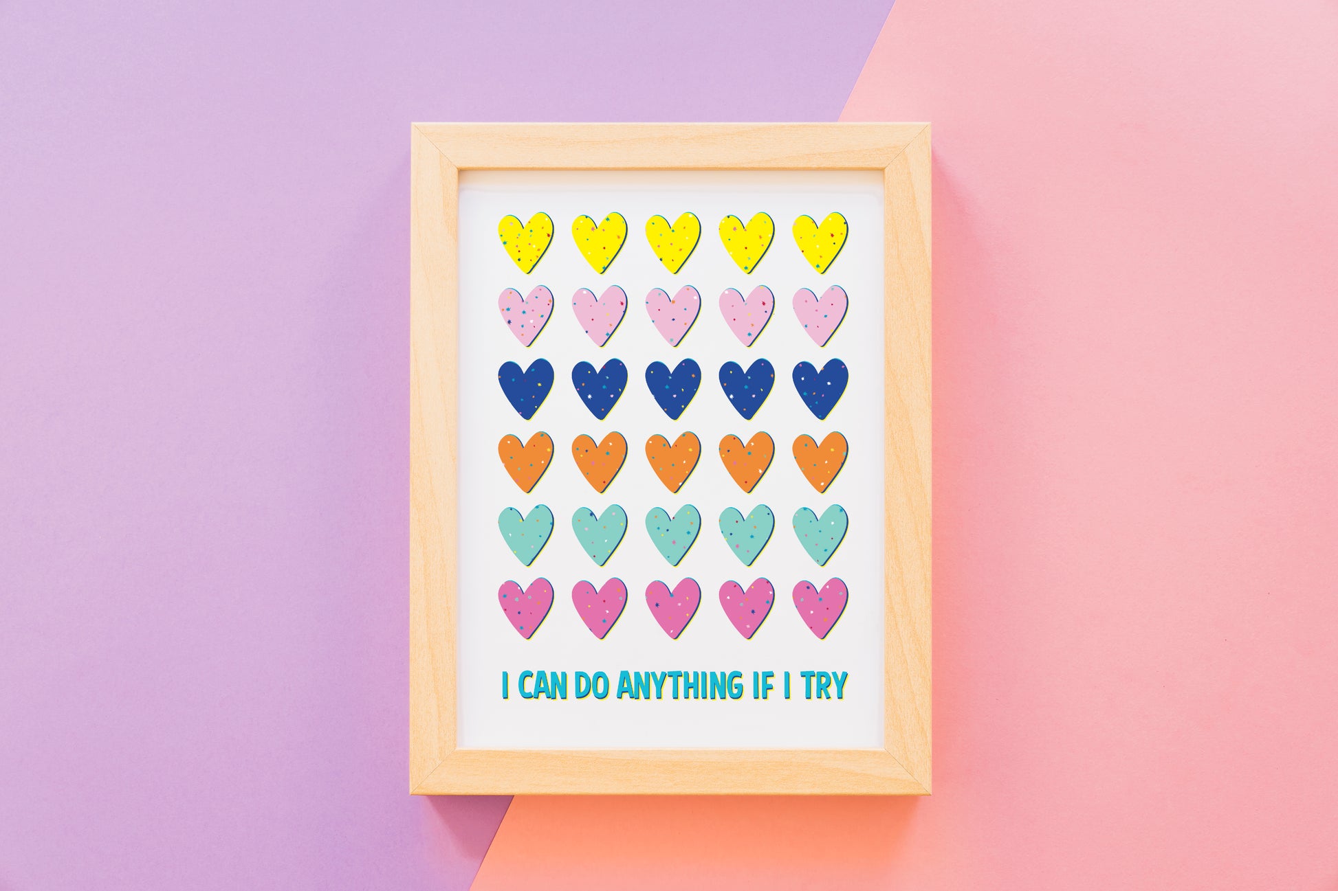 i can do anything mock up with wooden frame and pink and purple background