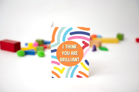 kids greeting cards, i think you are brillaint on a patterned card with bold text