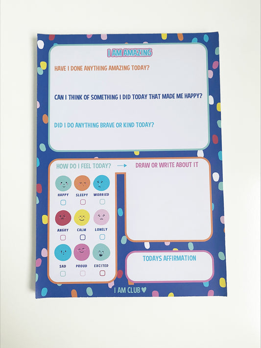 i am amazing notepad, a notepad that helps children talk about their day with questions like, have i done anything amazing today? 